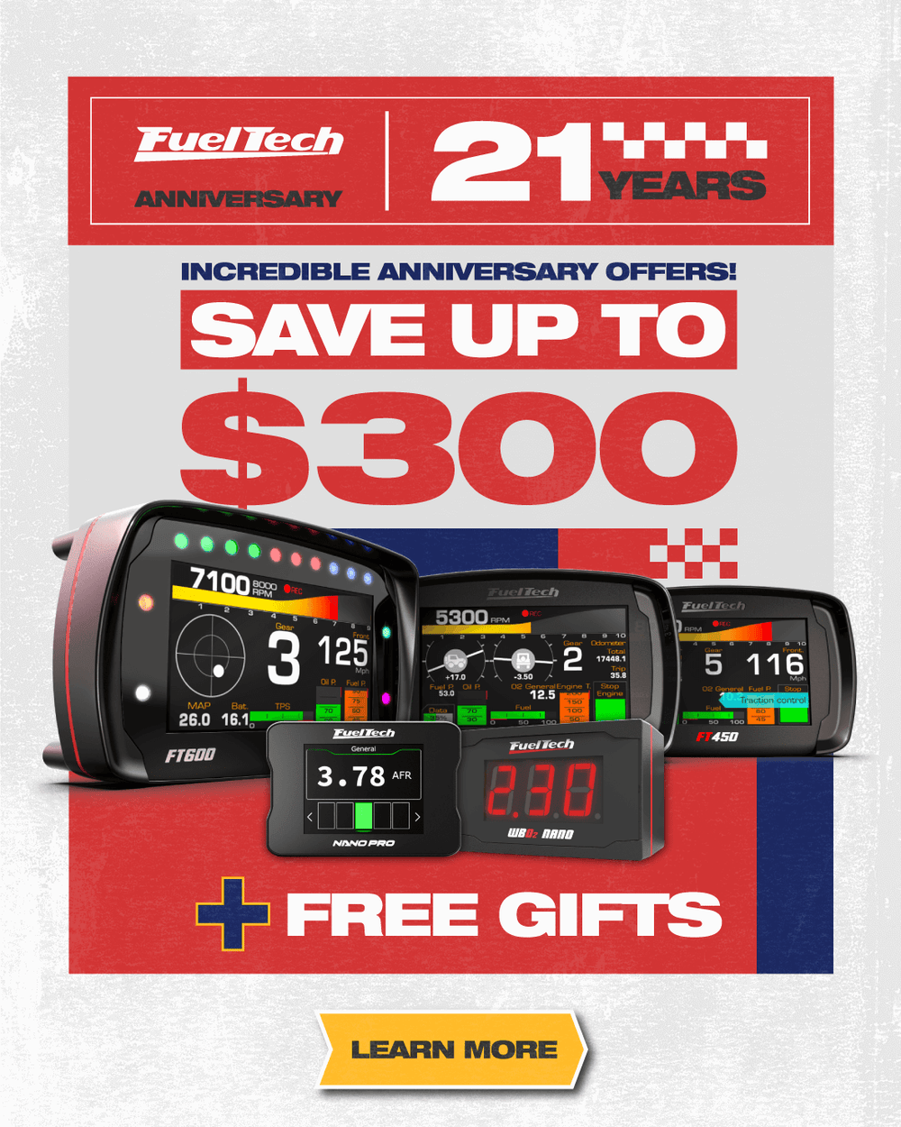 Save up to $300 on FuelTech aftermarket racing ECUs and wideband O2 sensor controllers. 