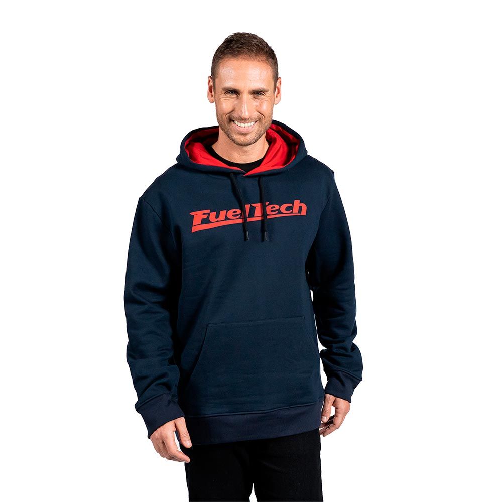 FuelTech Navy Blue hoodie with red hood lining and lofo.