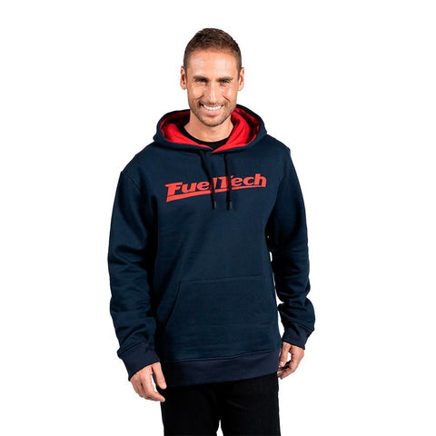 FuelTech Navy Blue hoodie with red hood lining and lofo.