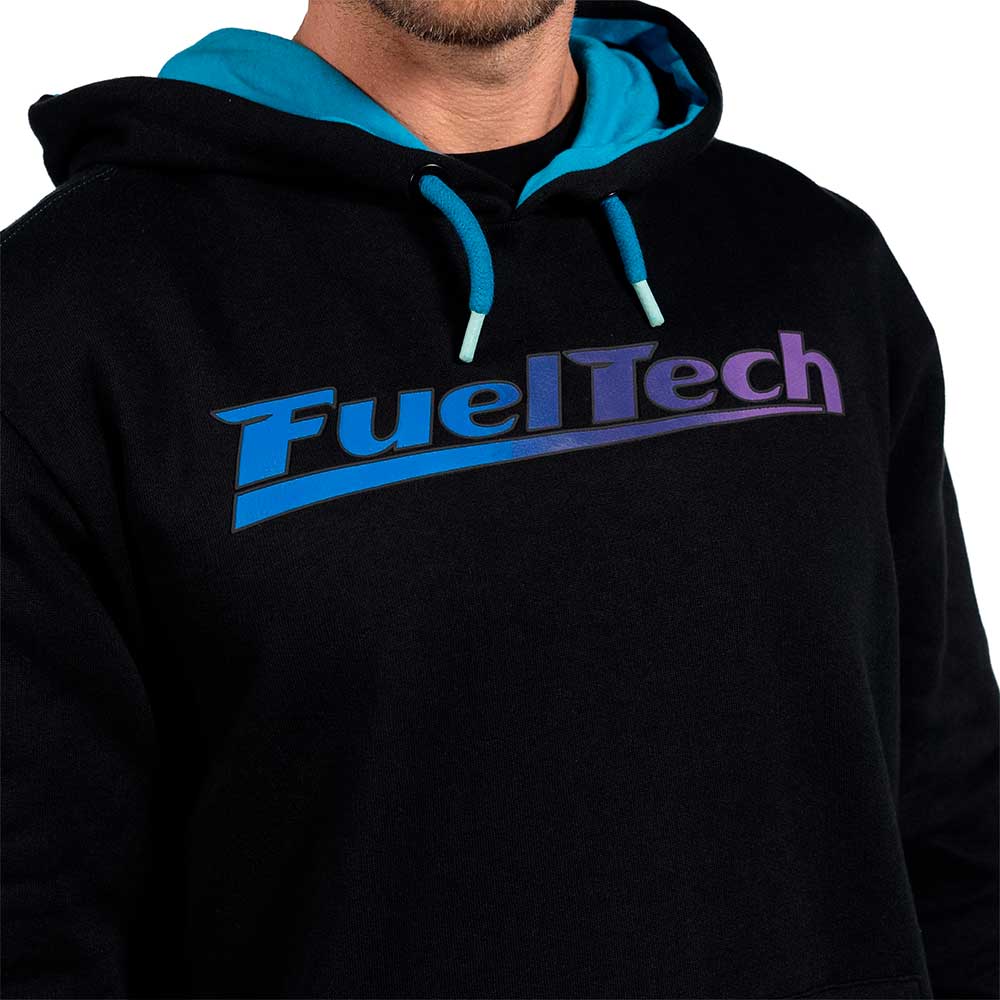 FuelTech Ombré Hoodie close-up view of raised gel high profile FuelTech logo in blue to purple gradient. 