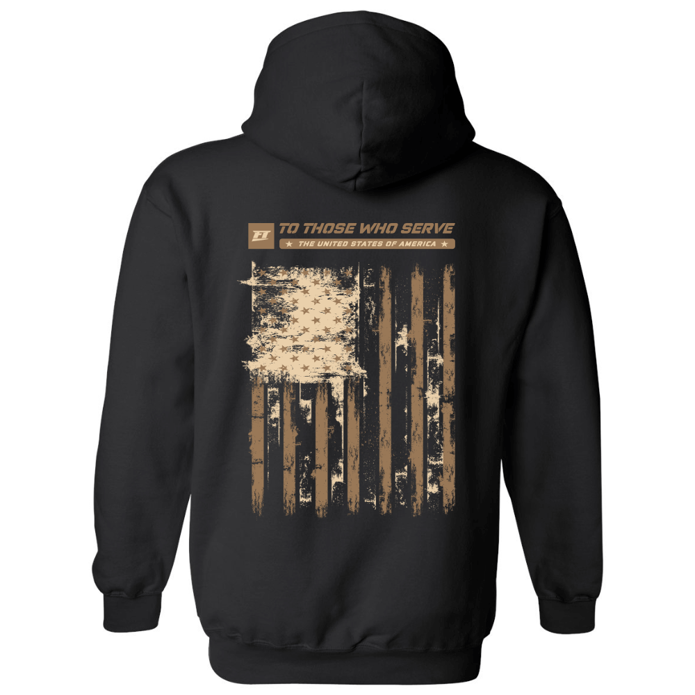 FuelTech's U.S. Military Hoodie - black hoodie with a mesage honoring those who served and the American flag on the back. 