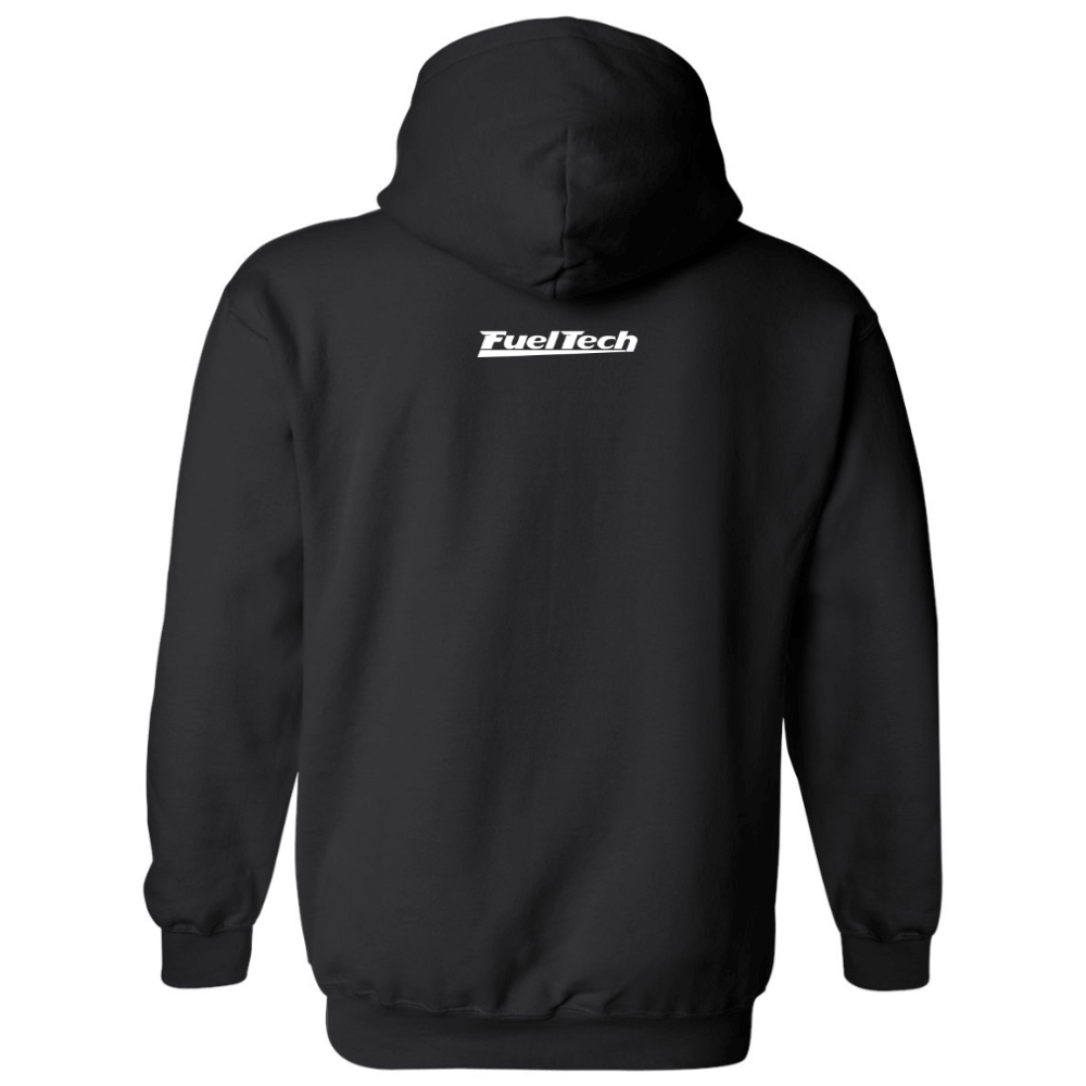 The FuelTech Checkered Hoodie features a small white FuelTech logo against the black fabric. 