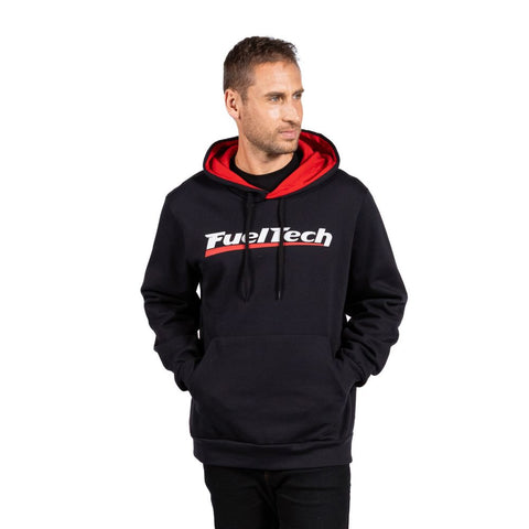 Street Outlaws FuelTech Hoodie is black with the classic FuelTech logo in white and red on the front chest and red lining in the hood. 